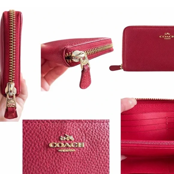 COACH Red Pebbled Leather Zip Wallet with Gold Logo - Picture 2 of 4